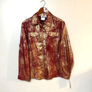 Metallic Gold & Red Glitter Button-Up Jacket By N Touch - L